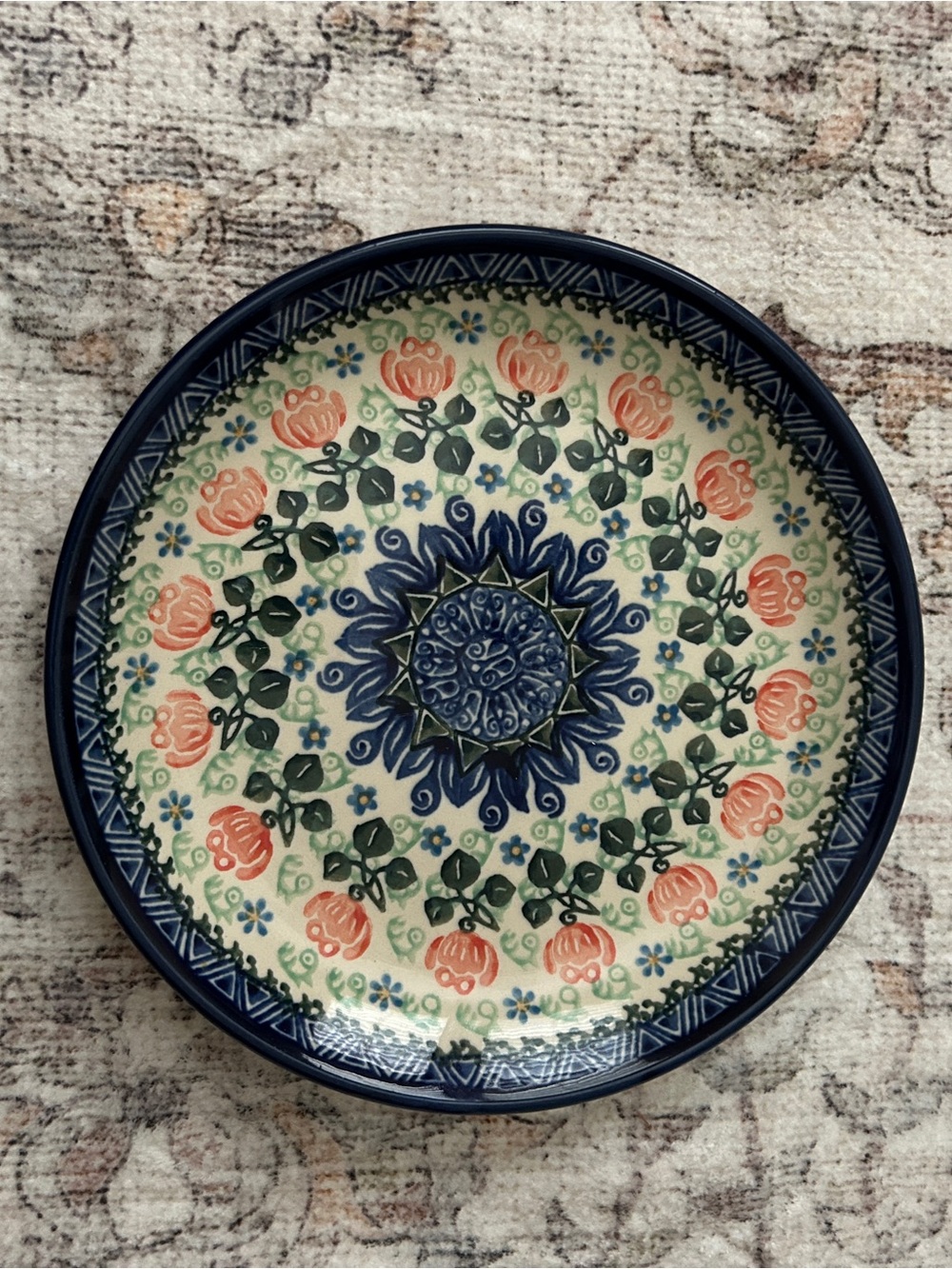 Handmade Polish Pottery Ceramic plate ceramika artystyczna plate Blue Pinkfloral